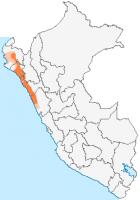 Kaart van Peru. Het gebied van de Mochica-cultuur is rood gekleurd. / Bron: Onbekend, Wikimedia Commons (CC BY-SA-2.5)