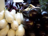 Drie soorten aubergine: witte, de bekende donkerpaarse en lange dunne paarse. / Bron: J.E. Fee, Wikimedia Commons (CC BY-2.0)